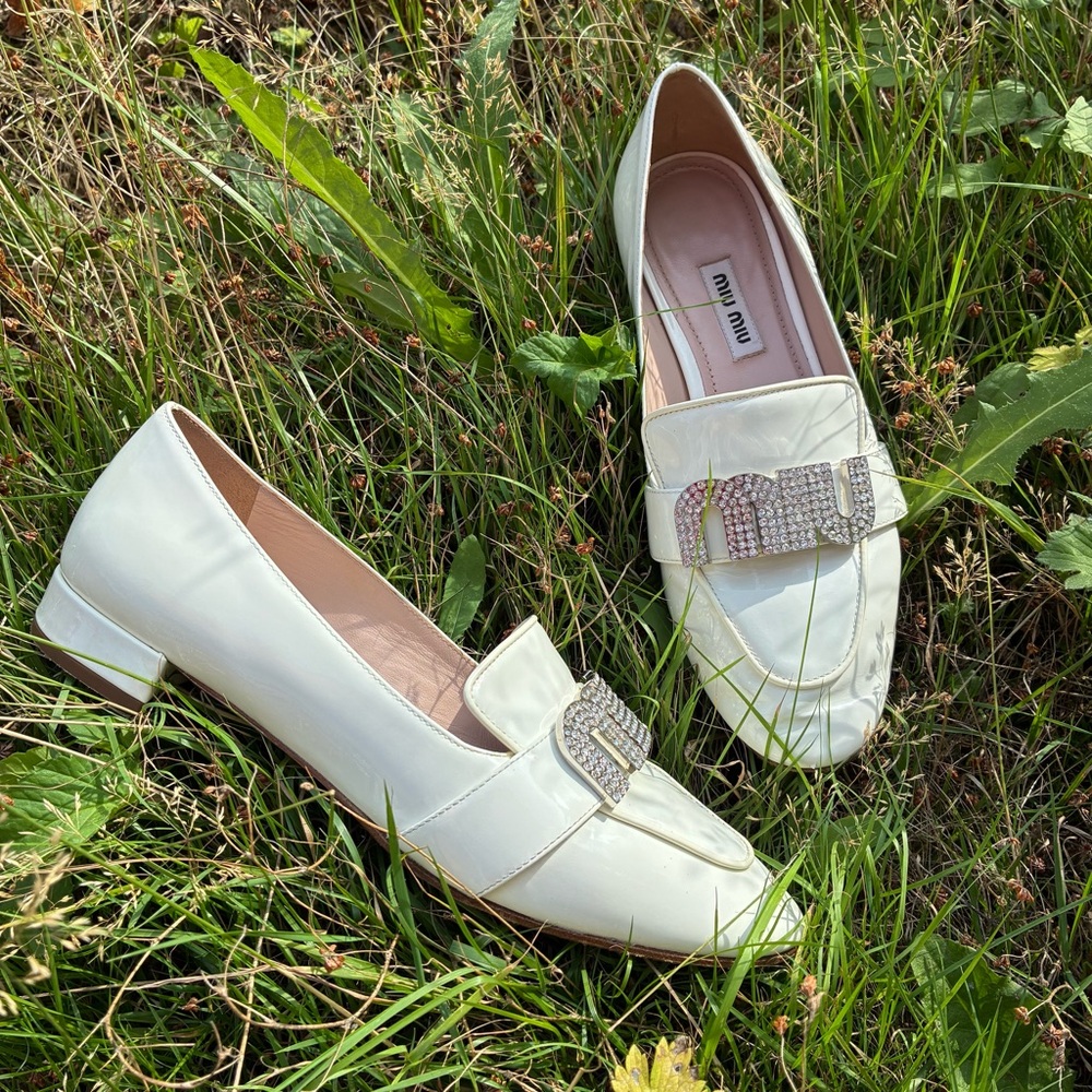 Miu Miu Cream White Patent Leather Loafers with Crystal Logo Detail RARE